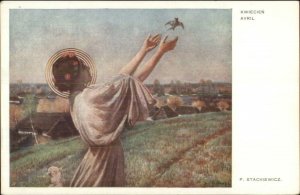 Polish Month Series APRIL Kwiecien Avril P. STACHIEWICZ Postcard WOMAN & BIRD