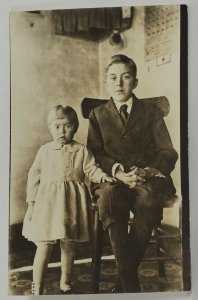 Siblings Older Brother Sweet Sister rppc Cute Bowl Haircut Postcard R7