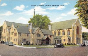 Fremont Ohio~Grace Lutheran Church~Girl on Sidewalk~Cars Parked~1940s Linen Pc