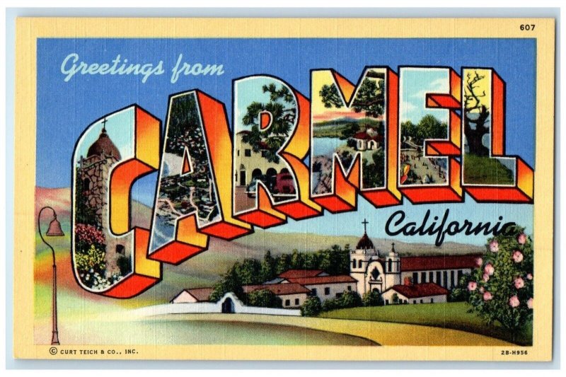 c1940 Greetings From Multiview Big Letters Carmel California CA Vintage Postcard