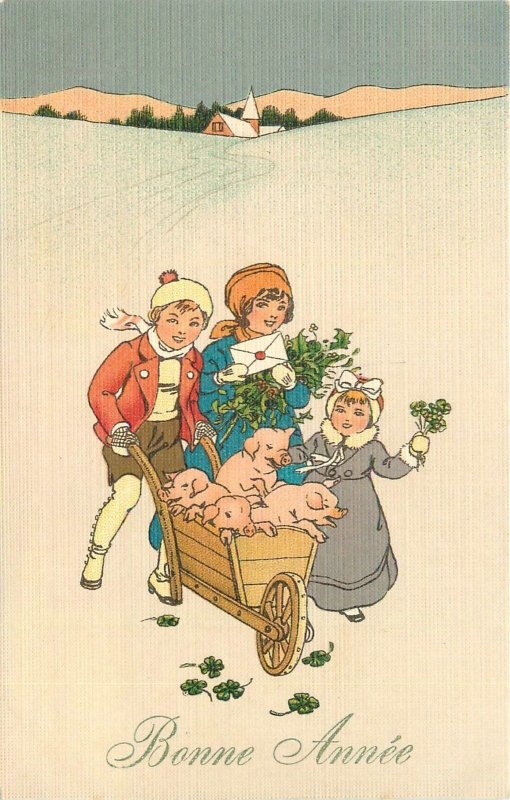 Postcard 1930s New Year Children Pigs wheelbarrow 23-12675