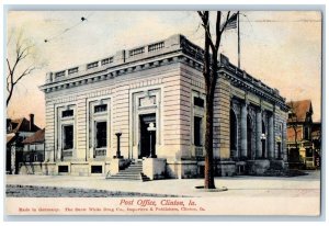 Clinton Iowa IA Postcard Post Office Building Exterior Scene 1907 Antique Trees