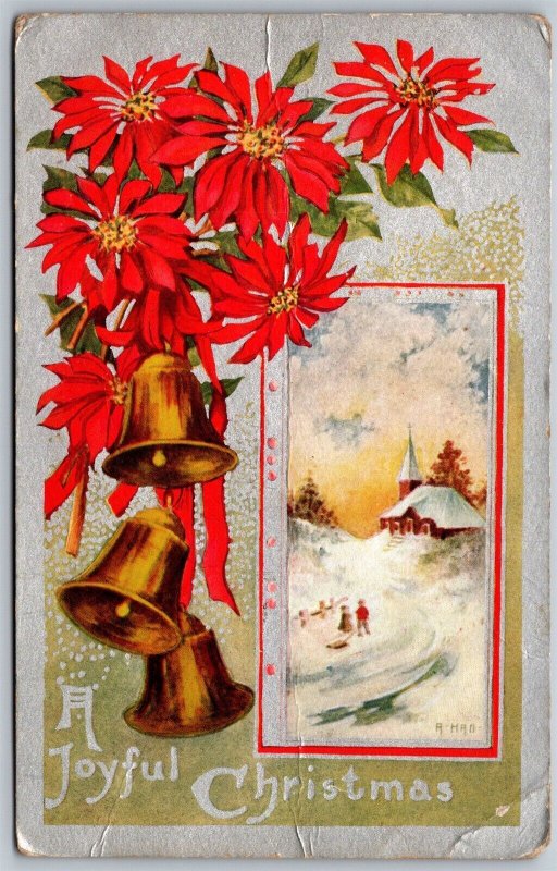 Vtg Merry Christmas Greetings Poinsettia Gold Bells Church View 1910s Postcard