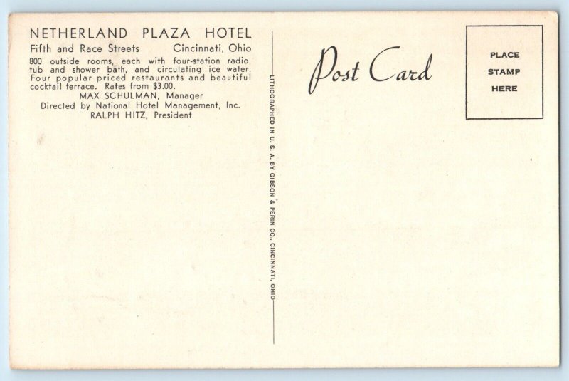 c1940 Cincinnati Ohio Postcard Pavillon Caprice Netherland Plaza Hotel Interior