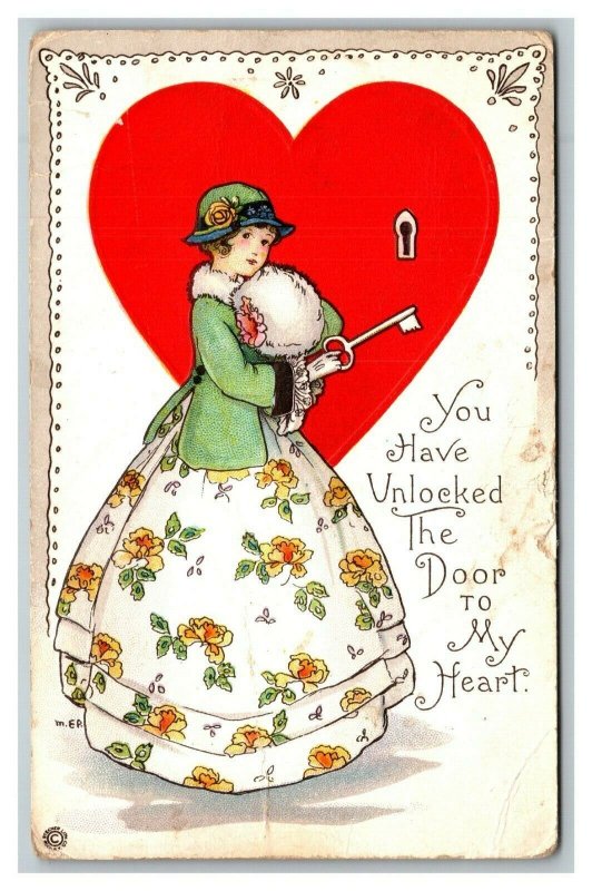 Vintage 1910's Valentines Postcard Beautiful Girl with Key to Large Heart