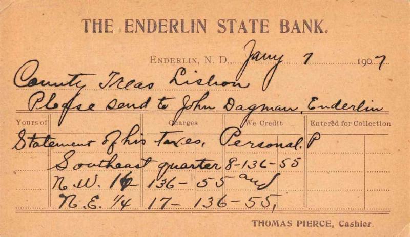 Enderlin North Dakota State Bank County Treasurer Private Mail PC JD933378