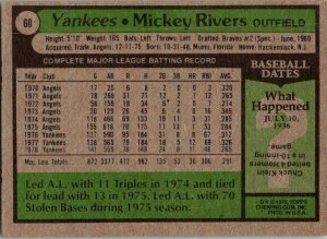 1979 Topps Baseball Card Mickey Rivers New York Yankees