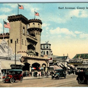 1918 Coney Island, N. Y. Surf Avenue Litho Photo Postcard Car Flag Main St A24