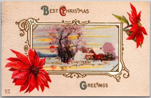 1910's Best Christmas Greetings Landscape Sunset Poinsettia Posted Postcard