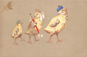 Anthropomorphic Humanized Chick Family at Walk Moon Poultry postcard C317
