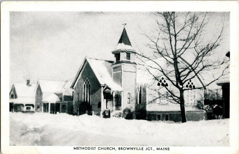 Methodist Church Brownville Jct Maine Me BW Snow Eagle Post View Postcard Vtg DB 