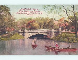 Divided-Back ROWBOAT AT GARFIELD PARK BRIDGE Chicago Illinois IL H9004