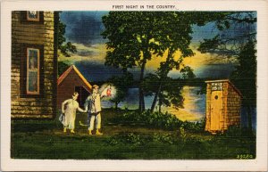 Comic First Night In The Country Outhouse Couple Night Linen Postcard G39