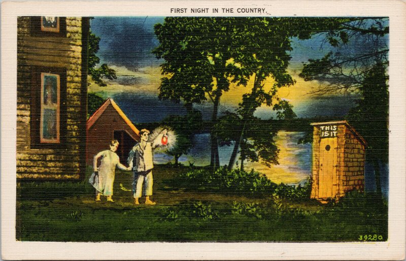 Comic First Night In The Country Outhouse Couple Night Linen Postcard G39