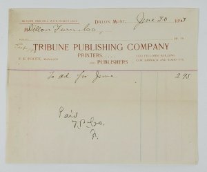 Dillon Montana Billhead of Tribune Publishing Co to Dillon Furniture Co 1890s