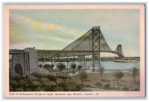 c1940's View of Ambassador Bridge at Night Sandwich Near Windsor Canada Postcard