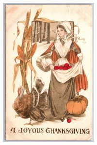 Pilgrim Woman Turkey Pumpkin A Joyous Thanksgiving DB Postcard Z4