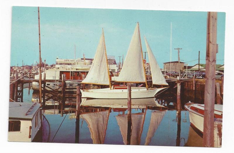 Cape May NJ Marina Sailboat Vintage 1954 Postcard Boat Reflection