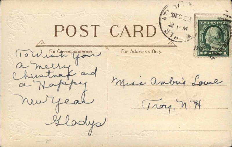 Christmas Little Boy Pulls Girl on Sled Bobsled Embossed Border Vintage Postcard