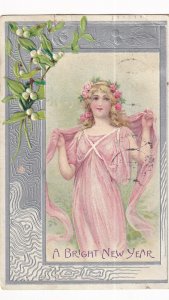 NEW YEAR, PU-1908; WOman wearing pink gown, Flowers in hair, Mistletoe