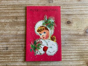 Merry Christmas, Girl with Muff, Holly Berry, Red, Green, White, Unused, Vint...