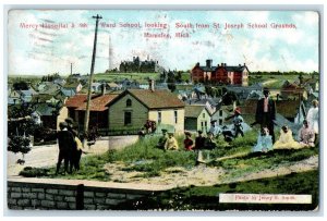 1913 Mercy Hospital & 4th Ward School St. Josephs School Manistee MI Postcard