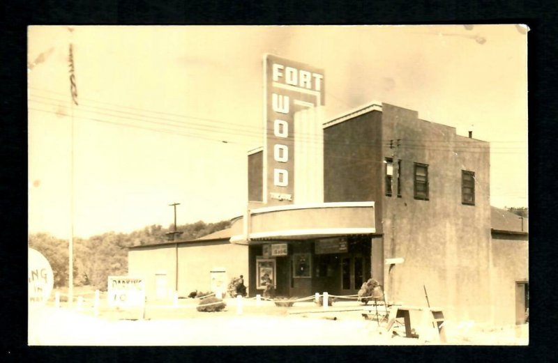 #72 RPPC RARE Fort Wood Theatre front movie poster Sign parking 10cent Flag Pole