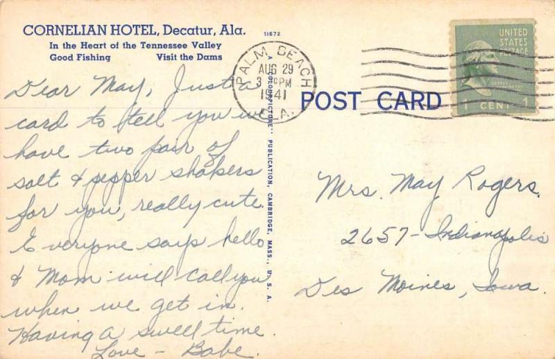 Deactur Alabama Cornelian Hotel Street View Antique Postcard K103903