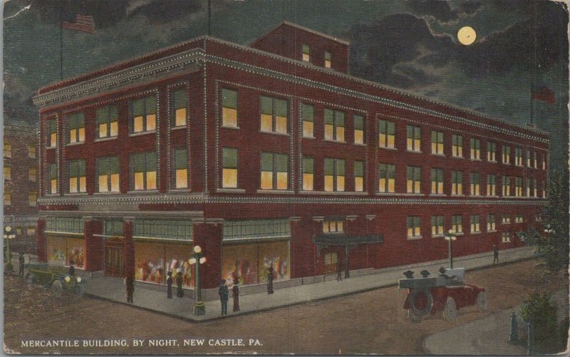 Postcard Mercantile Building by Night New Castle PA