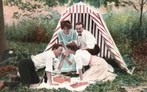 Vintage Postcard Picnic Forest Tent Lovers' Leap Sweet Gestures Couple Dating