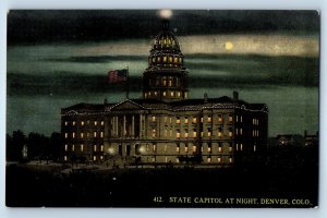 c1910 Denver Colorado CO Vintage Postcard State Capitol Night Building Moonlight