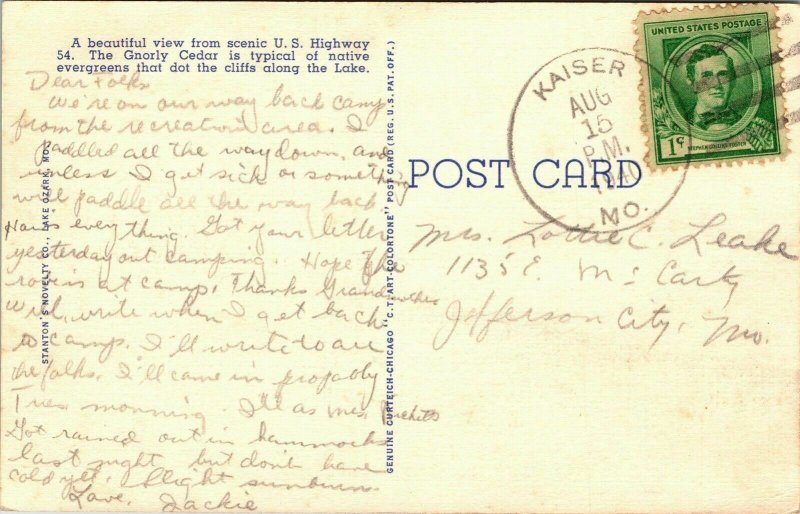 Lake Ozarks US Hight 54 Linen Postcard VTG PM Kaiser MO Cancel WOB Note 