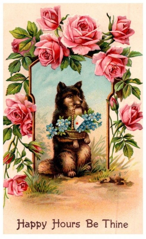 Dog , Sitting up withbasket of flowers