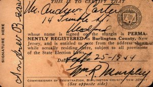 1944  Burlington County  New Jersey  Voter Registration Card