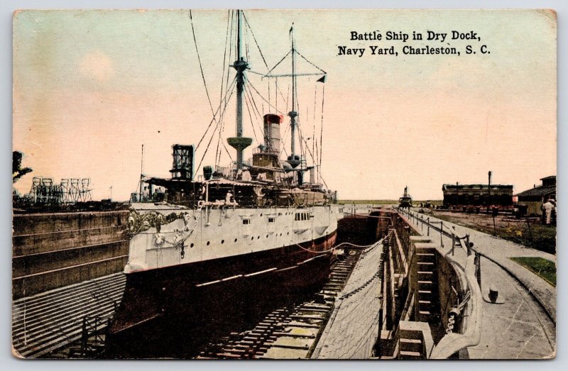 Vintage Postcard Battleship in Dry Dock Navy Yard Charleston South Carolina SC