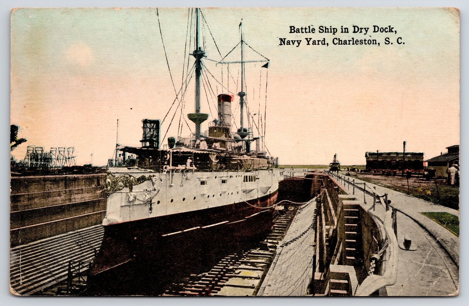 Vintage Postcard Battleship In Dry Dock Navy Yard Charleston South