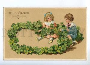 240575 NEW YEAR Kids w/ Clover Vintage EMBOSSED card FELDPOST