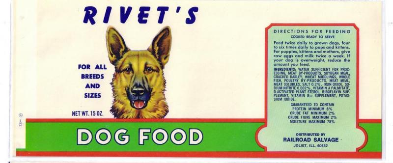 Rivet's Dog Food German Shepherd Joliet IL Vintage Can Label