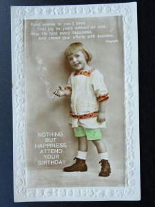 Birthday Greeting SMALL CHILD SMOKING A CIGARETTE c1920s RP Postcard by Carlton