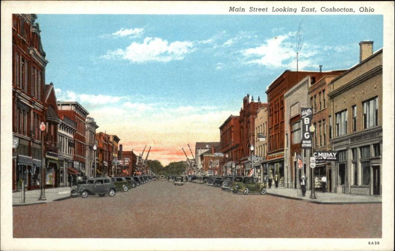 Coshocton Ohio OH Main Street Looking East Classic 1930s Cars Vintage Postcard 