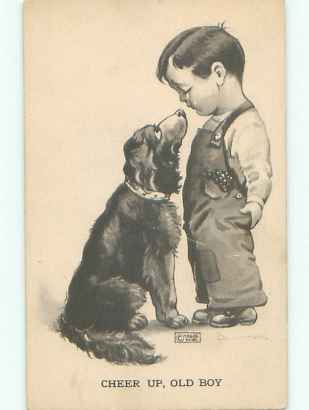 Unused Pre-Linen signed LOVABLE BIG DOG STARES UP AT BOY k6219