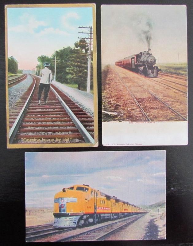 TRAINS RAILROAD LOT OF 3 ANTIQUE & VINTAGE POSTCARDS railway