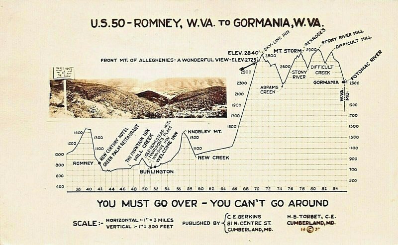 U S 50~ROMNEY TO GORMANIA WEST VIRGINIA~ELEVATION GRAPH~1937 REAL PHOTO POSTCARD