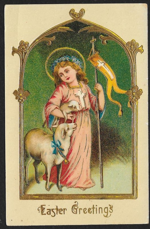 Easter Greetings Angel Lamb & Pennant Unused c1910s