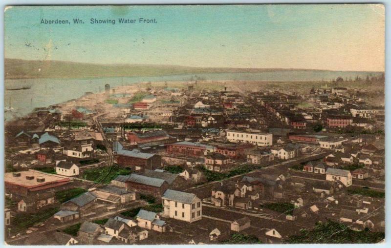 ABERDEEN, Washington WA  Handcolored Birdseye WATER FRONT 1909   Postcard