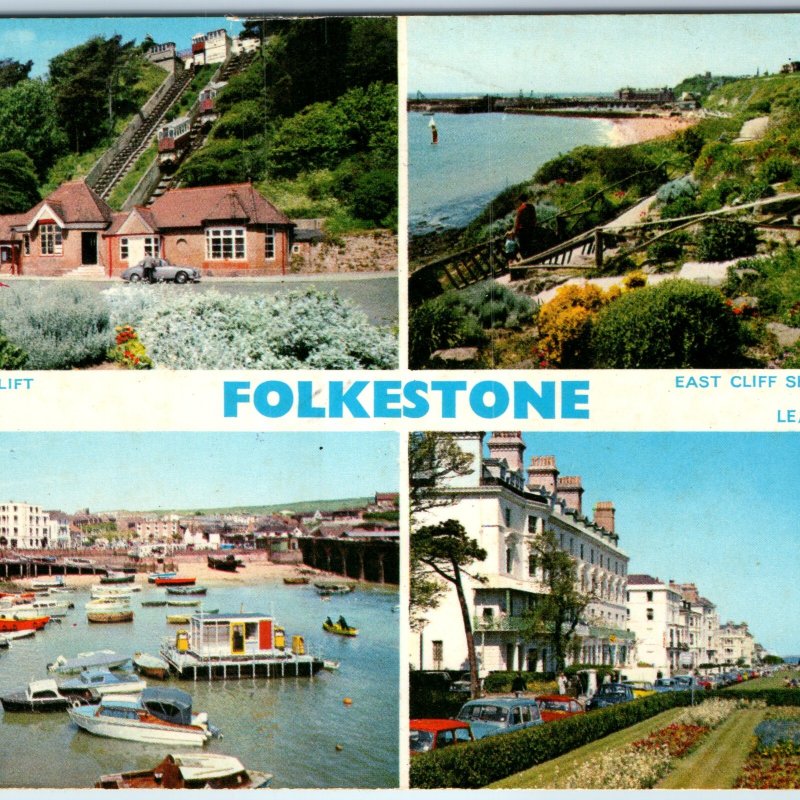 c1960s Folkestone England Postcard Leas Cliff Lift Harbour Gardens A380