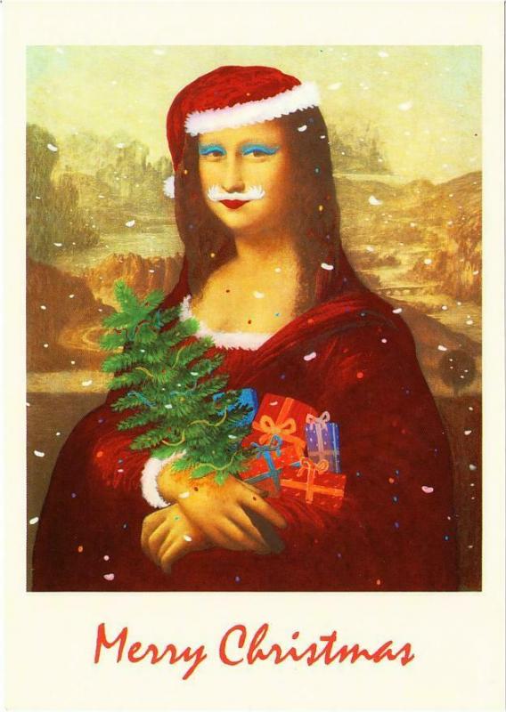 Mona Lisa as Santa Claus Christmas Altered Art Postcard #2