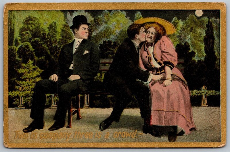 Vtg Romance Two Is Company Three Is A Crowd Couple Kissing 1910s Postcard