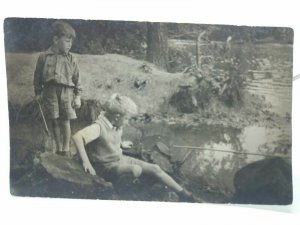 Pair of Young Lads on Muddy Riverbank Fishing with Nets Vintage Postcard c1930