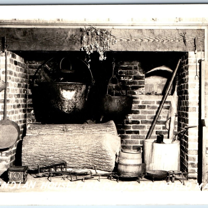 c1930s Deerfield, Mass RPPC Indian House Fire Place Primitive Real Photo MA A259